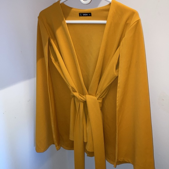 SHEIN open belted cape, blazer in mustard - Picture 4 of 6